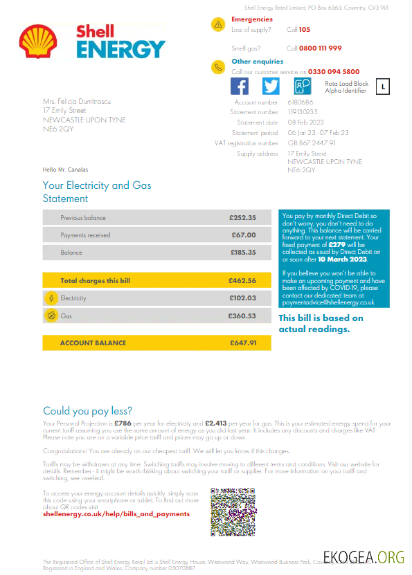 UNITED KINGDOM SHELL ENERGY utility bill template Word and PDF template